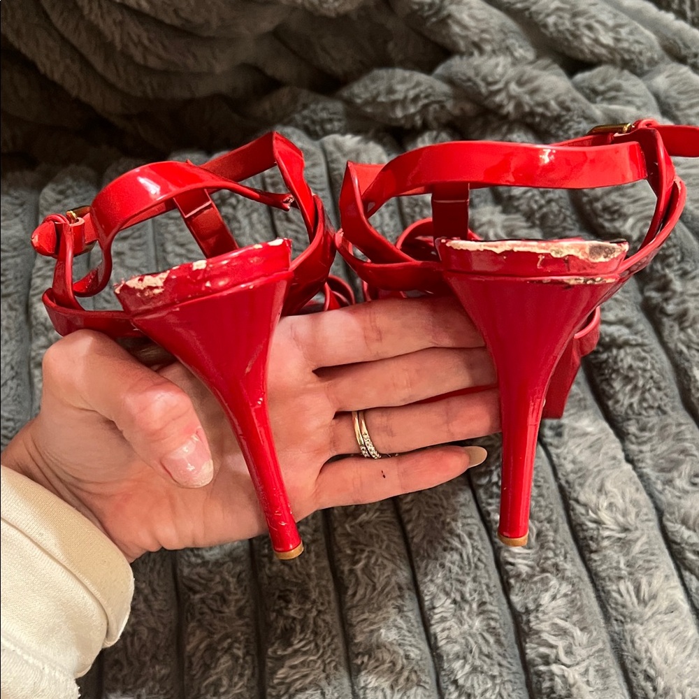 YSL Saint Laurent Red Patent Strappy Platform Heels - Picture 2 of 13